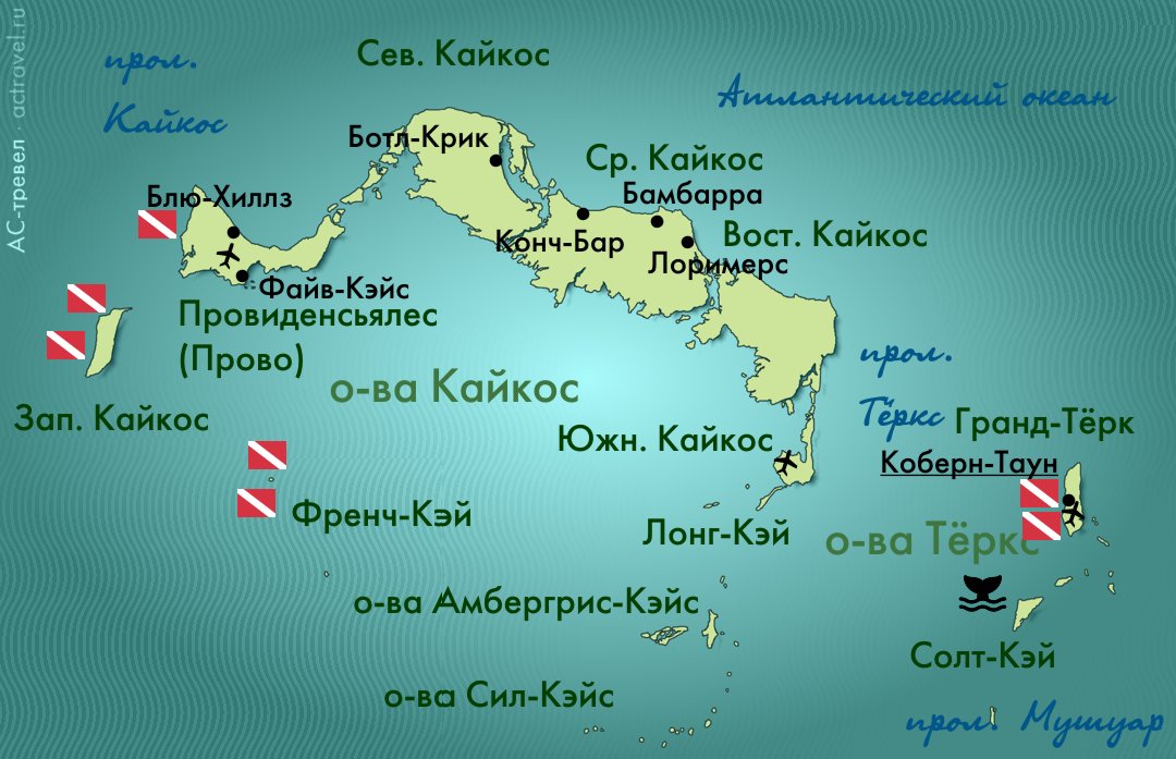 Карта основных дайв-сайтов островов Тёркс и Кайкос