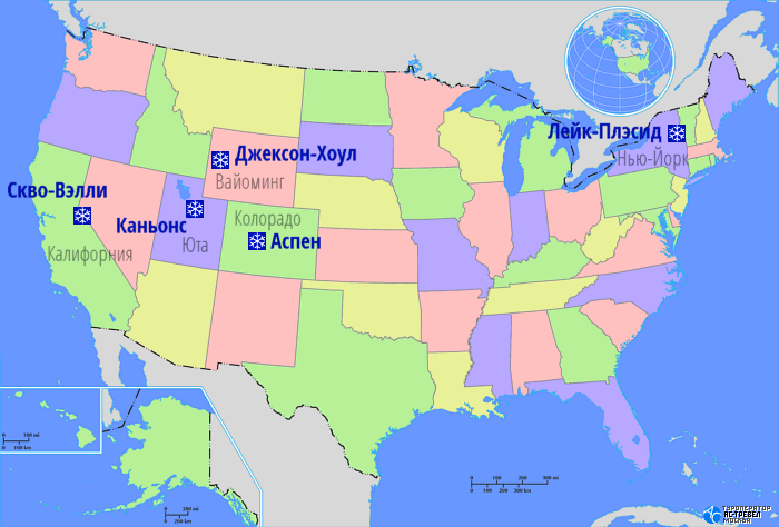 Карта основных горнолыжных курортов США