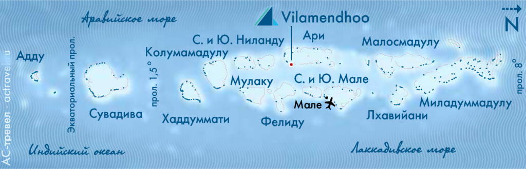 Положение отеля Vilamendhoo на карте Мальдивских островов