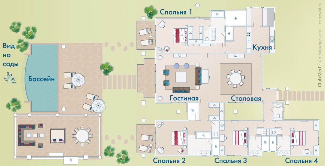 План виллы с 4 спальнями на курорте Club Med Albion